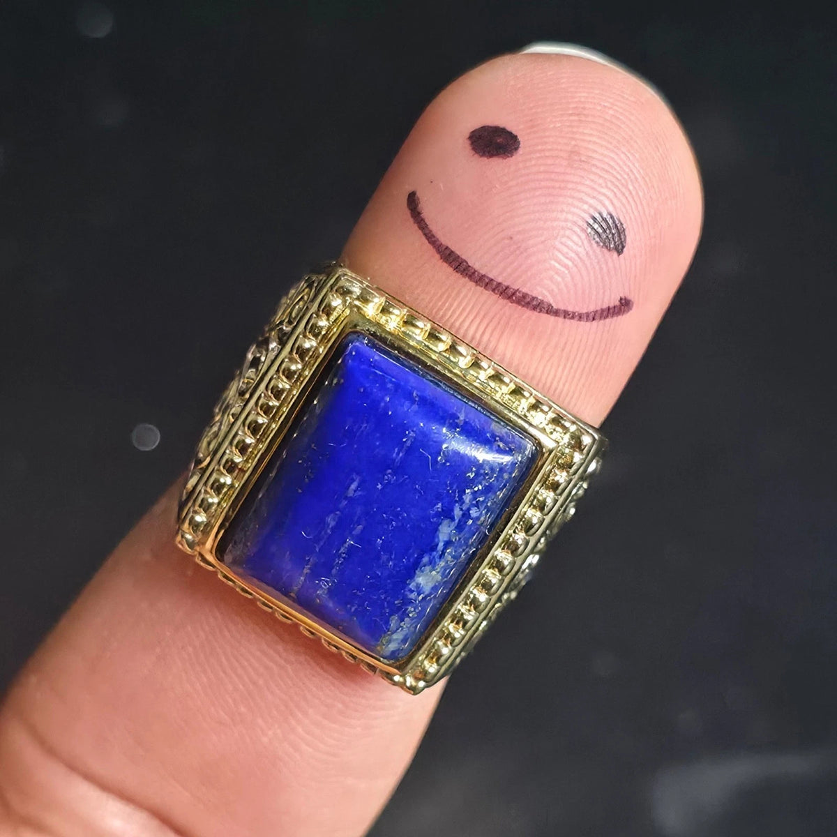 Gold Over Sterling Silver Lapis Lazuli Ring Size 8 Rectangle Ornate BBJ 925