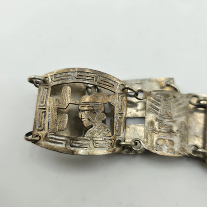 Vintage Sterling Peruvian Story Panel Link Bracelet Cultural Motif Design 15.5g