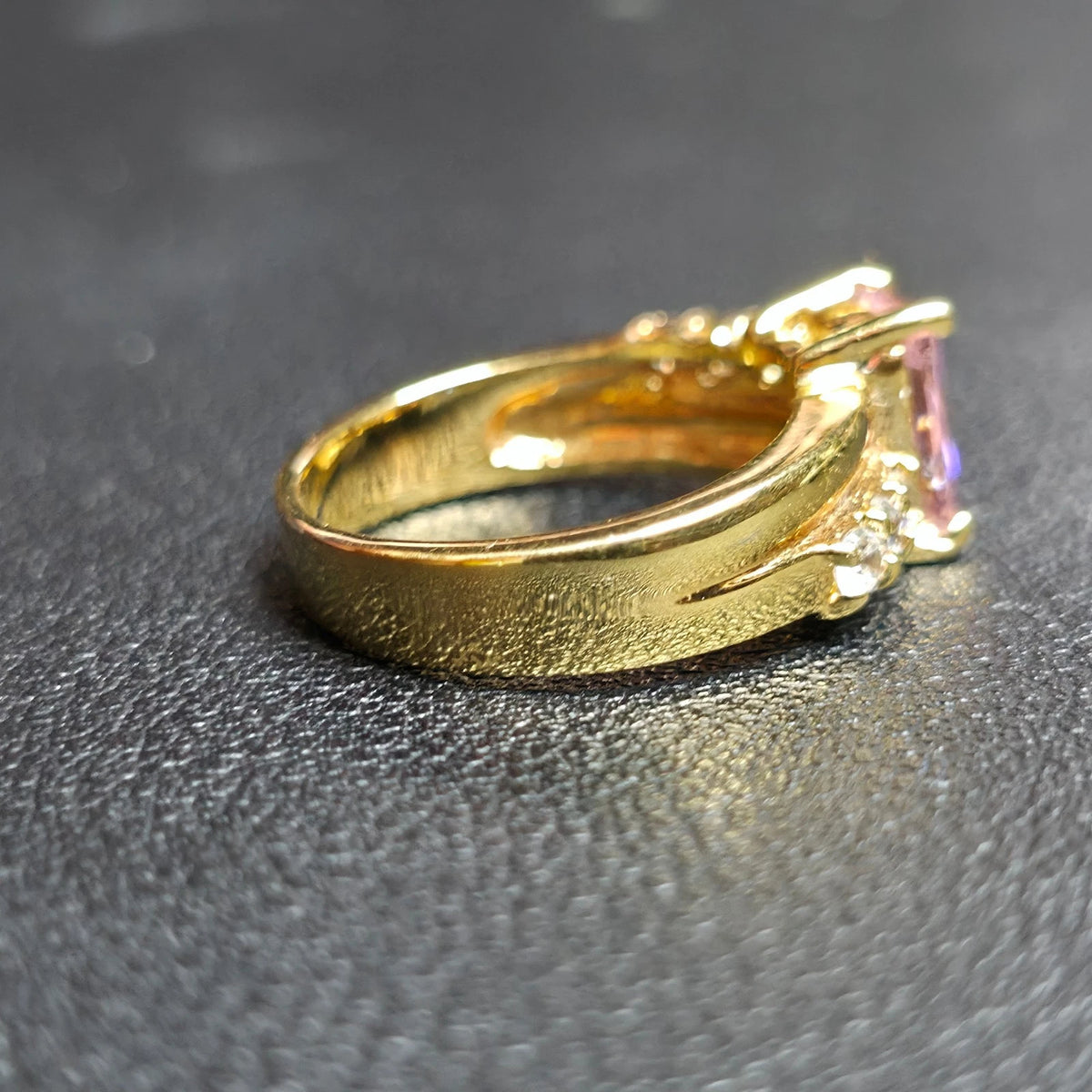 Gold Tone Pink Rectangle Stone Ring Sz 7 Clear Accents One Clear Stone Missing