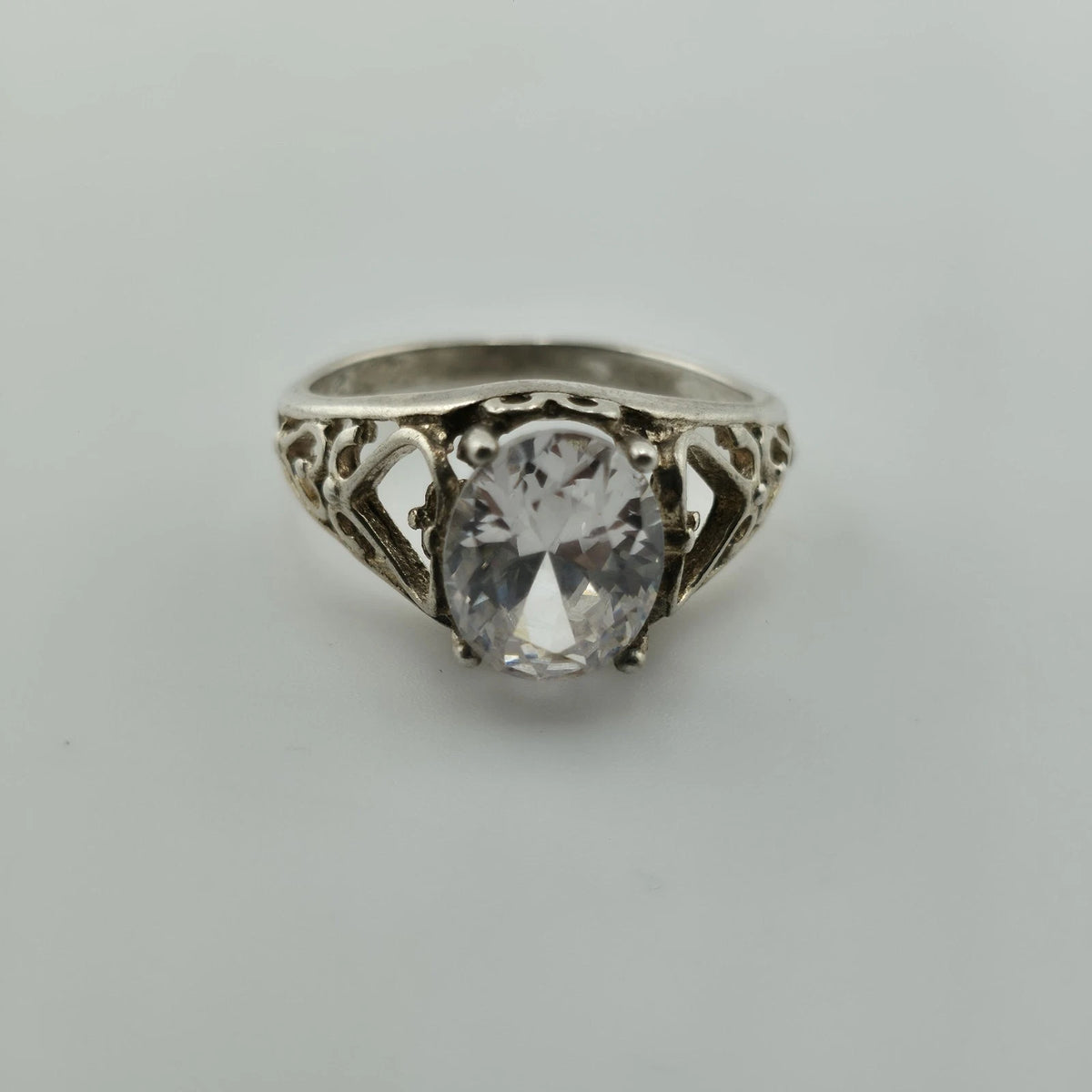 Sterling Silver 925 Large Clear Stone Ring Filigree Heart Vintage Size 7.5