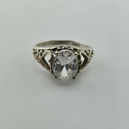 Sterling Silver 925 Large Clear Stone Ring Filigree Heart Vintage Size 7.5