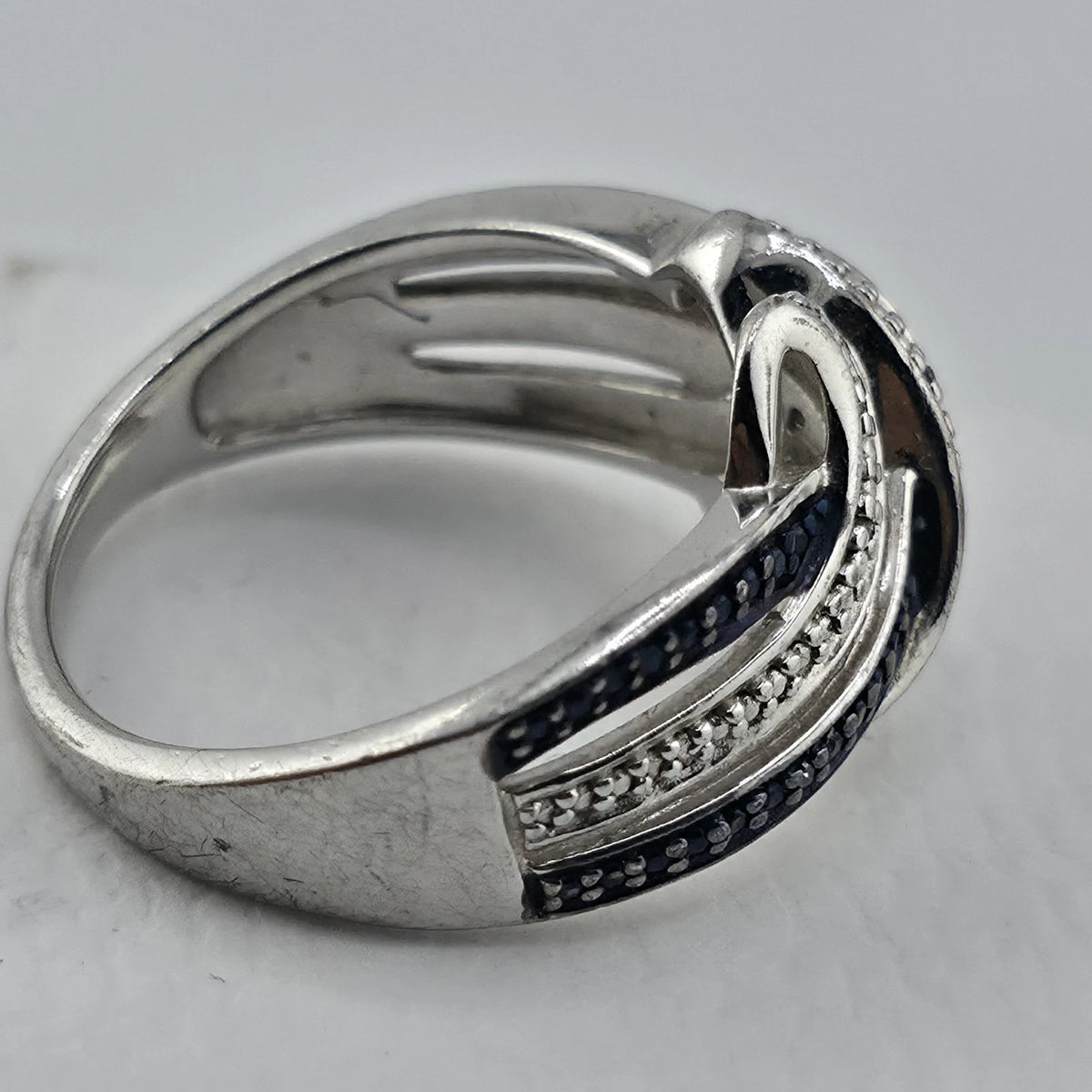 Sterling Silver Blue & Clear Stone Wave Ring Size 7 925 Statement Band