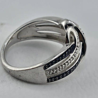 Sterling Silver Blue & Clear Stone Wave Ring Size 7 925 Statement Band
