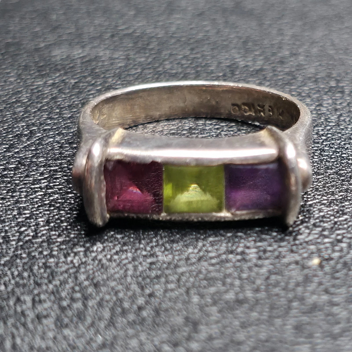 Mexican Sterling Silver Ring 3 Stone Bar Pink Green Purple Size 9