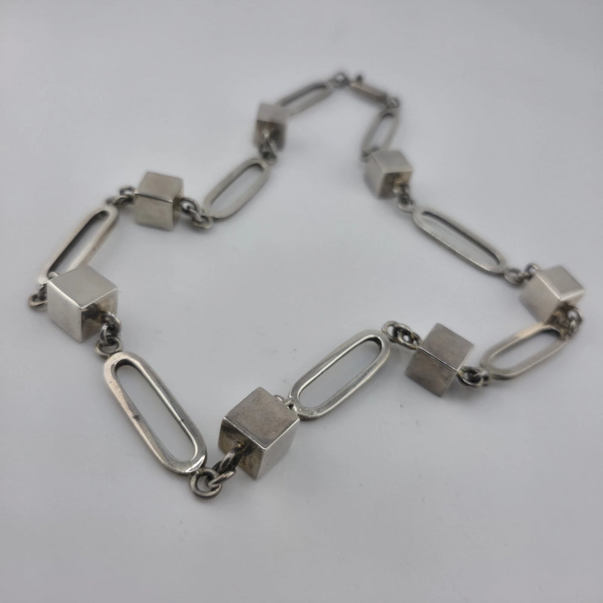 Vintage Sterling Silver 925 Mexico Geometric Cube Oval Link Necklace 80g 23"