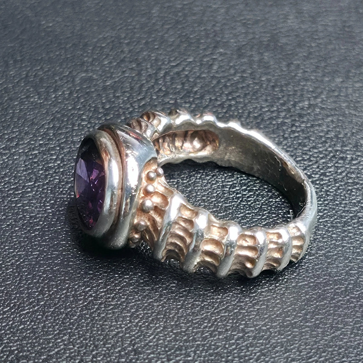 Sterling Silver Purple Oval Faceted Stone Ring Sz 9.25 Beaded Band
