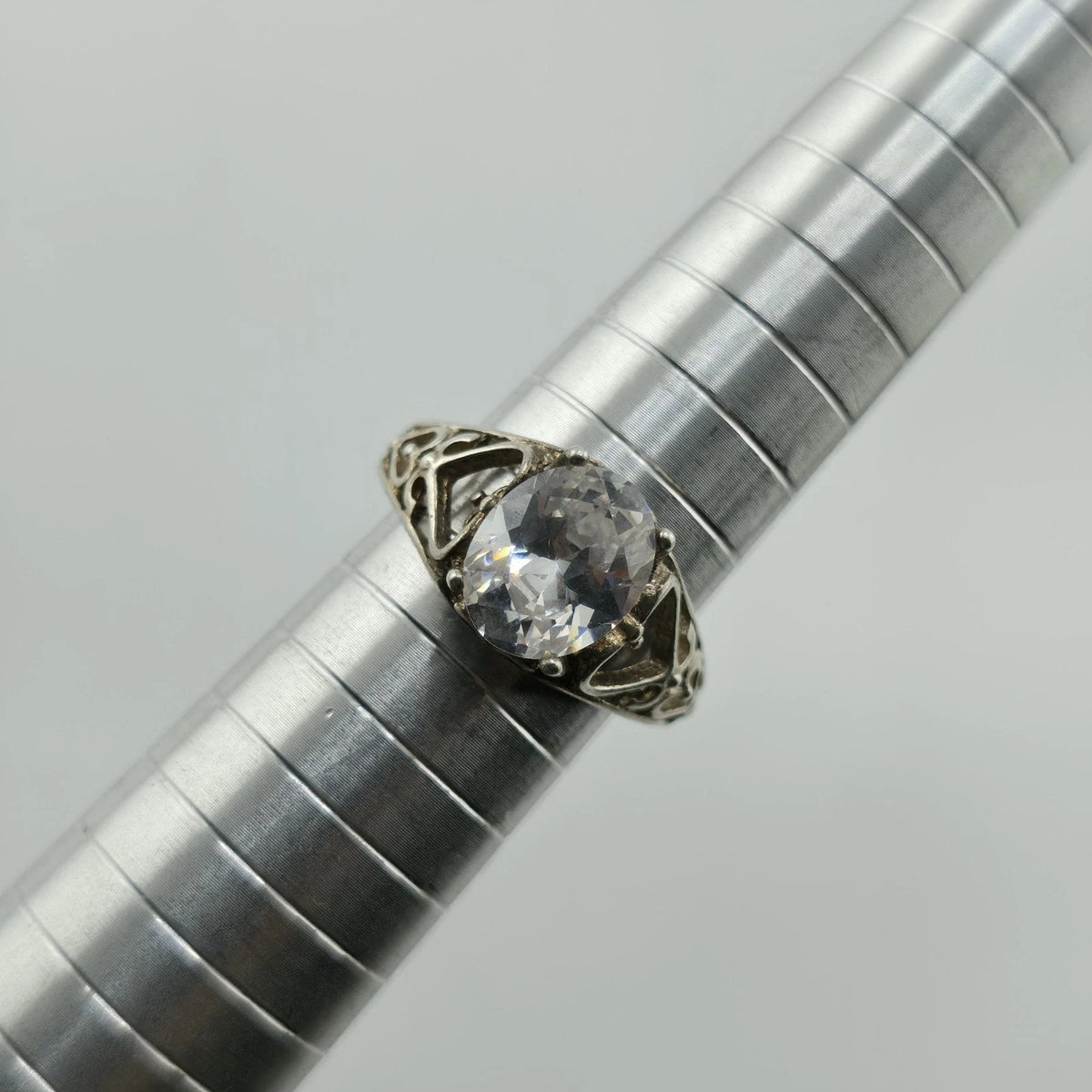 Sterling Silver 925 Large Clear Stone Ring Filigree Heart Vintage Size 7.5
