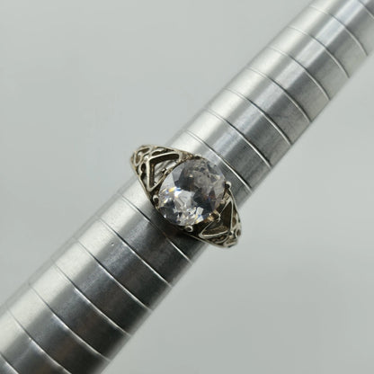 Sterling Silver 925 Large Clear Stone Ring Filigree Heart Vintage Size 7.5