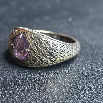 Sterling Silver Art Deco Filigree Dome Ring Purple-Pink Stone Sz 9