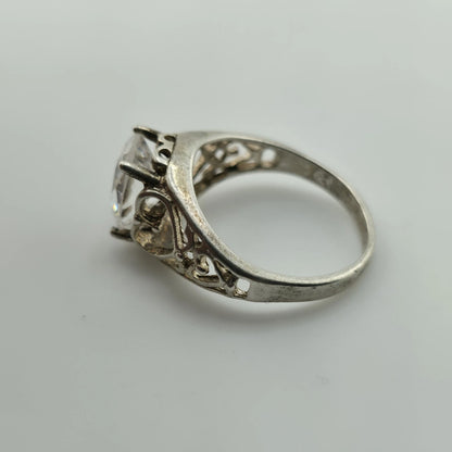 Sterling Silver 925 Large Clear Stone Ring Filigree Heart Vintage Size 7.5