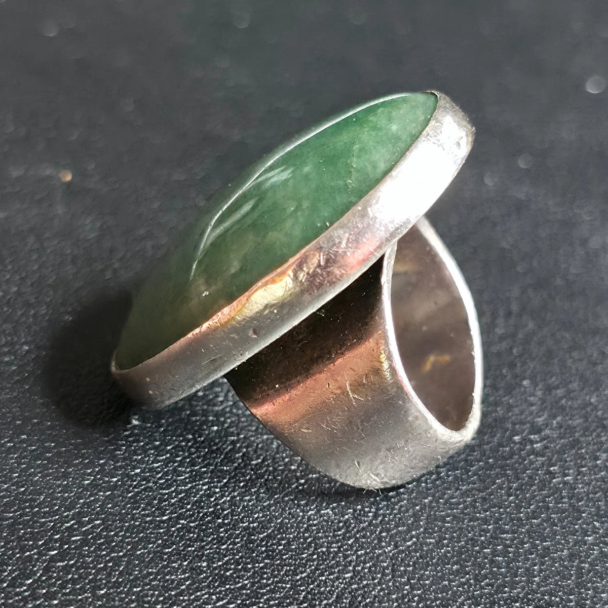 Sterling Silver Green Stone Oval Ring Size 6 Stamped 950 Wide Band