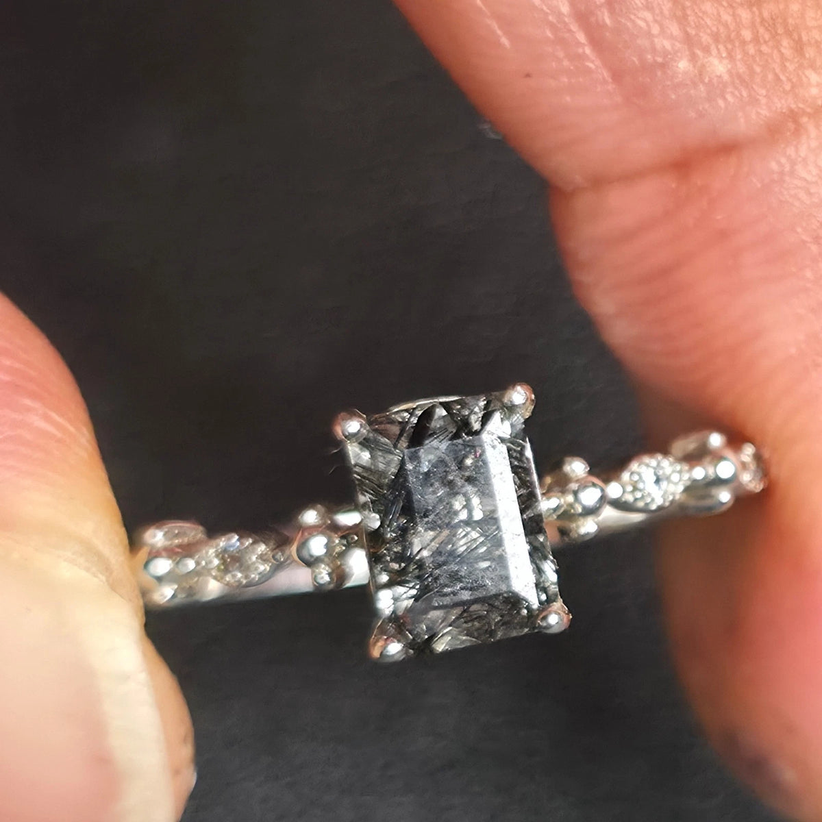 Sterling Silver 925 Black Rutilated Quartz Ring Size 10 Dainty Ornate Solitaire