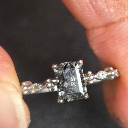Sterling Silver 925 Black Rutilated Quartz Ring Size 10 Dainty Ornate Solitaire