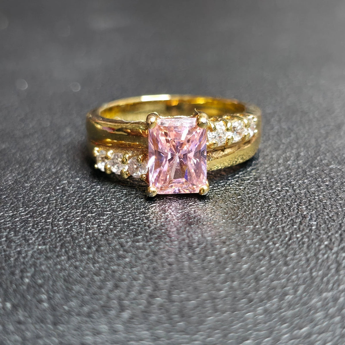 Gold Tone Pink Rectangle Stone Ring Sz 7 Clear Accents One Clear Stone Missing