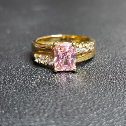Gold Tone Pink Rectangle Stone Ring Sz 7 Clear Accents One Clear Stone Missing