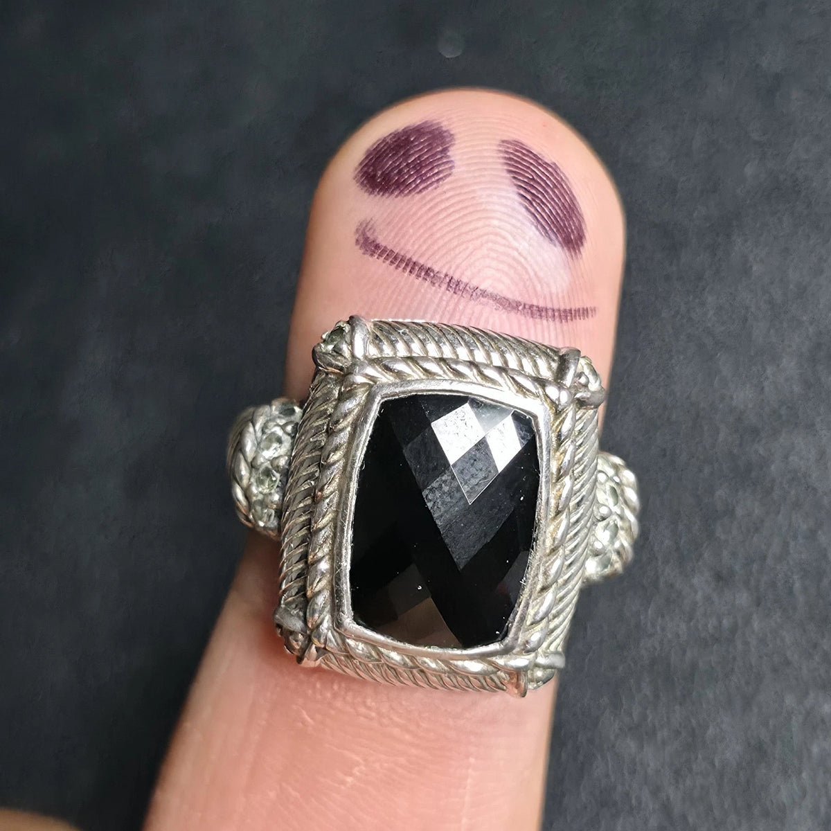 Judith Ripka Sterling Silver Black Onyx Ring Checkerboard CZ Accents Size 7.75