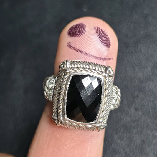 Judith Ripka Sterling Silver Black Onyx Ring Checkerboard CZ Accents Size 7.75