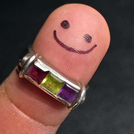 Mexican Sterling Silver Ring 3 Stone Bar Pink Green Purple Size 9