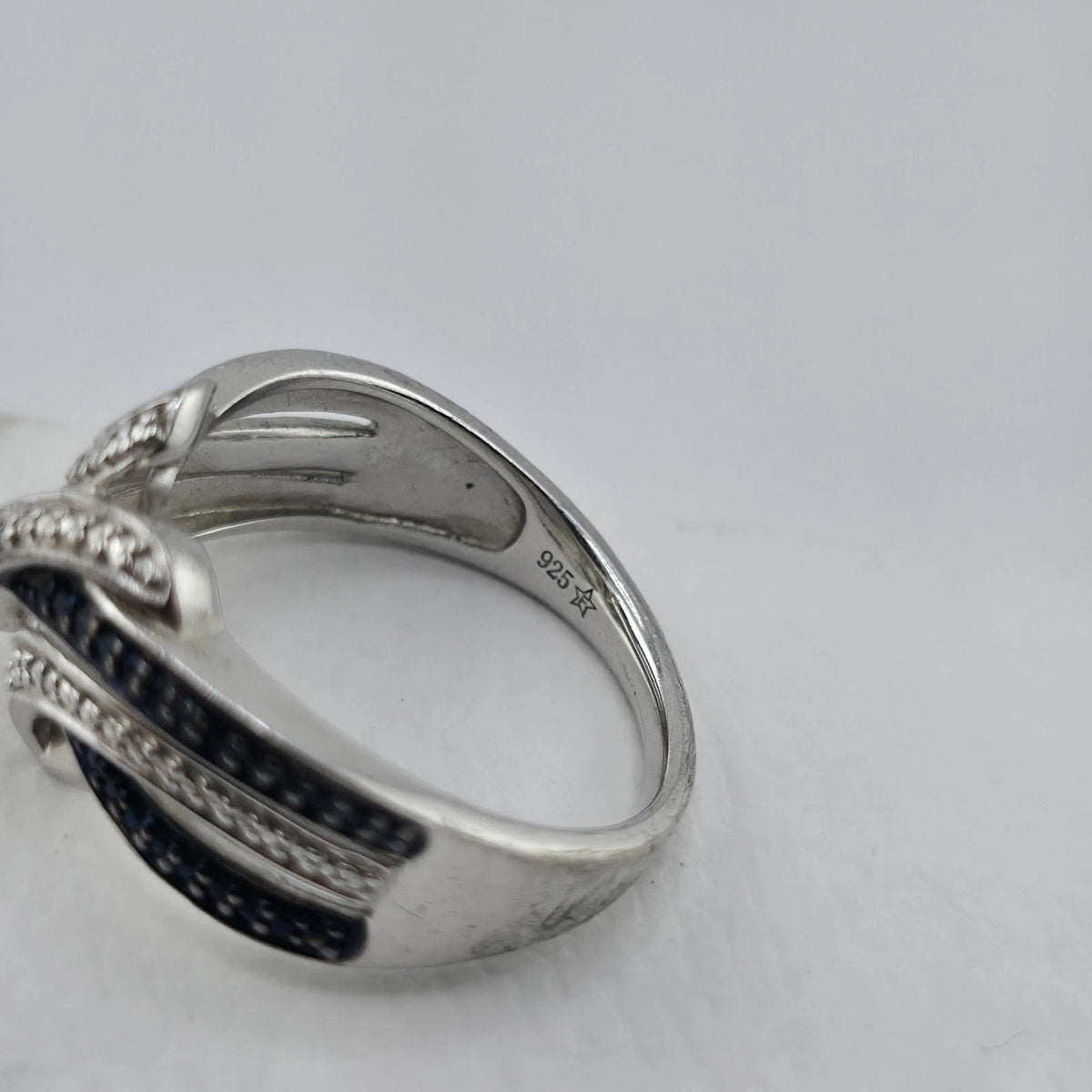 Sterling Silver Blue & Clear Stone Wave Ring Size 7 925 Statement Band