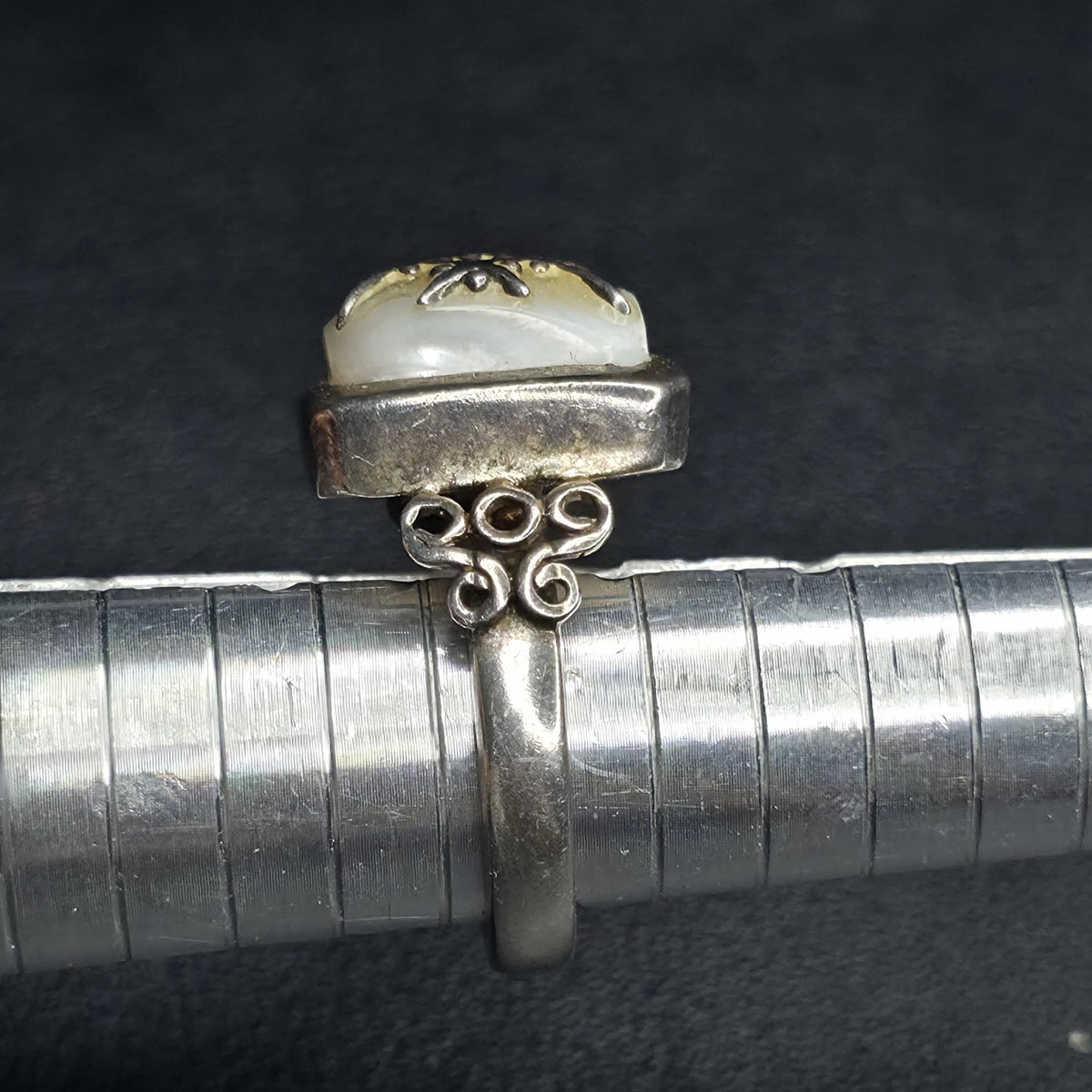Sterling Silver 925 Mother of Pearl Statement Ring Size 7 Artisan Scroll Design