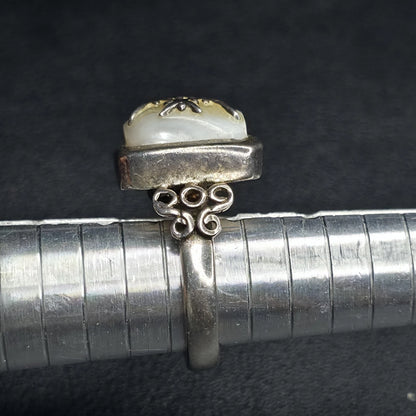 Sterling Silver 925 Mother of Pearl Statement Ring Size 7 Artisan Scroll Design