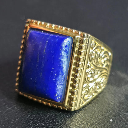Gold Over Sterling Silver Lapis Lazuli Ring Size 8 Rectangle Ornate BBJ 925