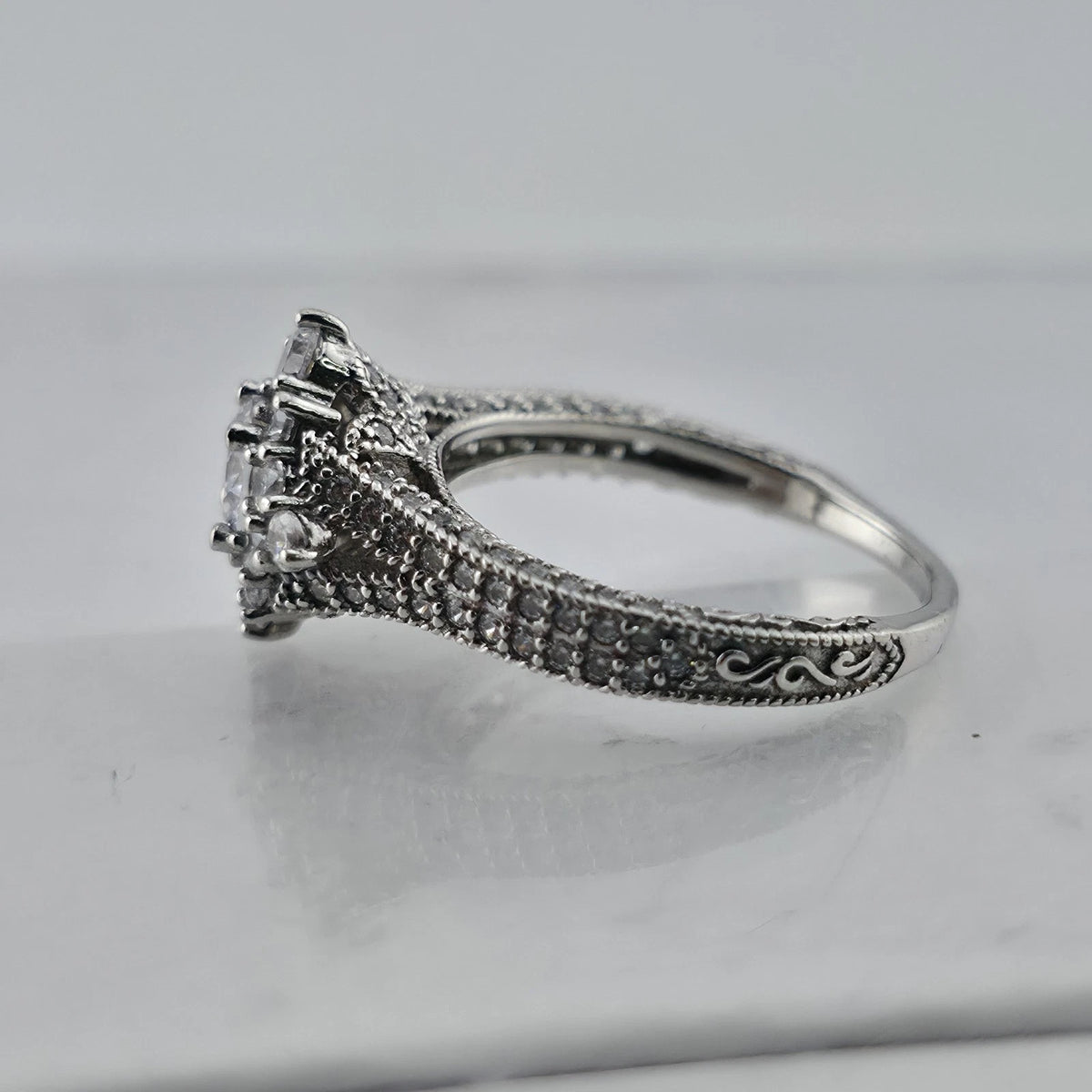Sterling Silver CZ Halo Ring Size 6 Round Clear Stones Ornate Filigree Band