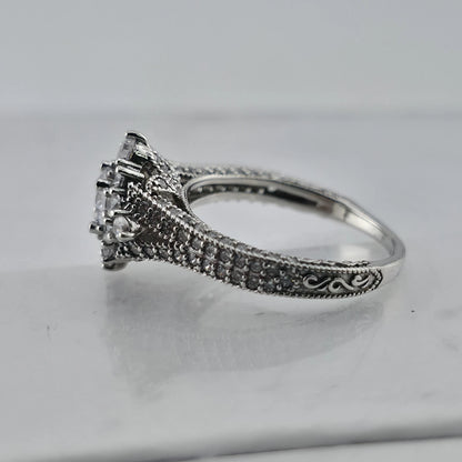 Sterling Silver CZ Halo Ring Size 6 Round Clear Stones Ornate Filigree Band