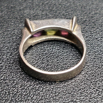 Mexican Sterling Silver Ring 3 Stone Bar Pink Green Purple Size 9