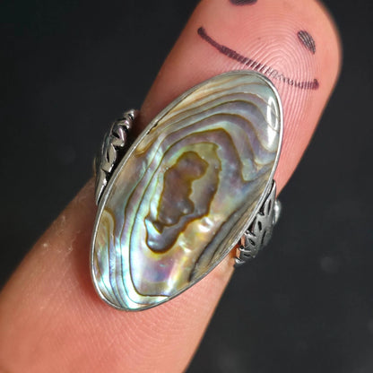 Sterling Silver Abalone Shell Ring Size 7 Rhodium Plated Flower Design BBJ 925