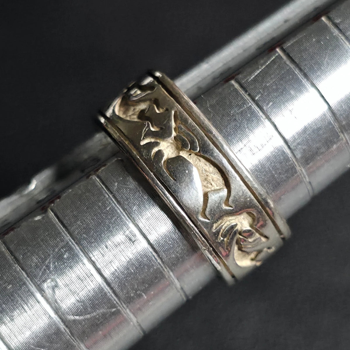 Sterling Silver Kokopelli Carved Floral Scroll Wide Band Ring 925 Sz 5.5