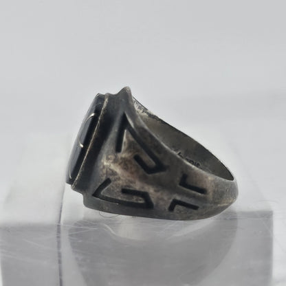 Vintage Sterling Silver Black Onyx Signet Ring Size 8 Inlay Sunburst Patina