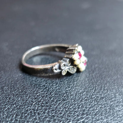 Sterling Silver 925 Pearl Floral Ring Pink Stones Sz 7 One Stone Missing