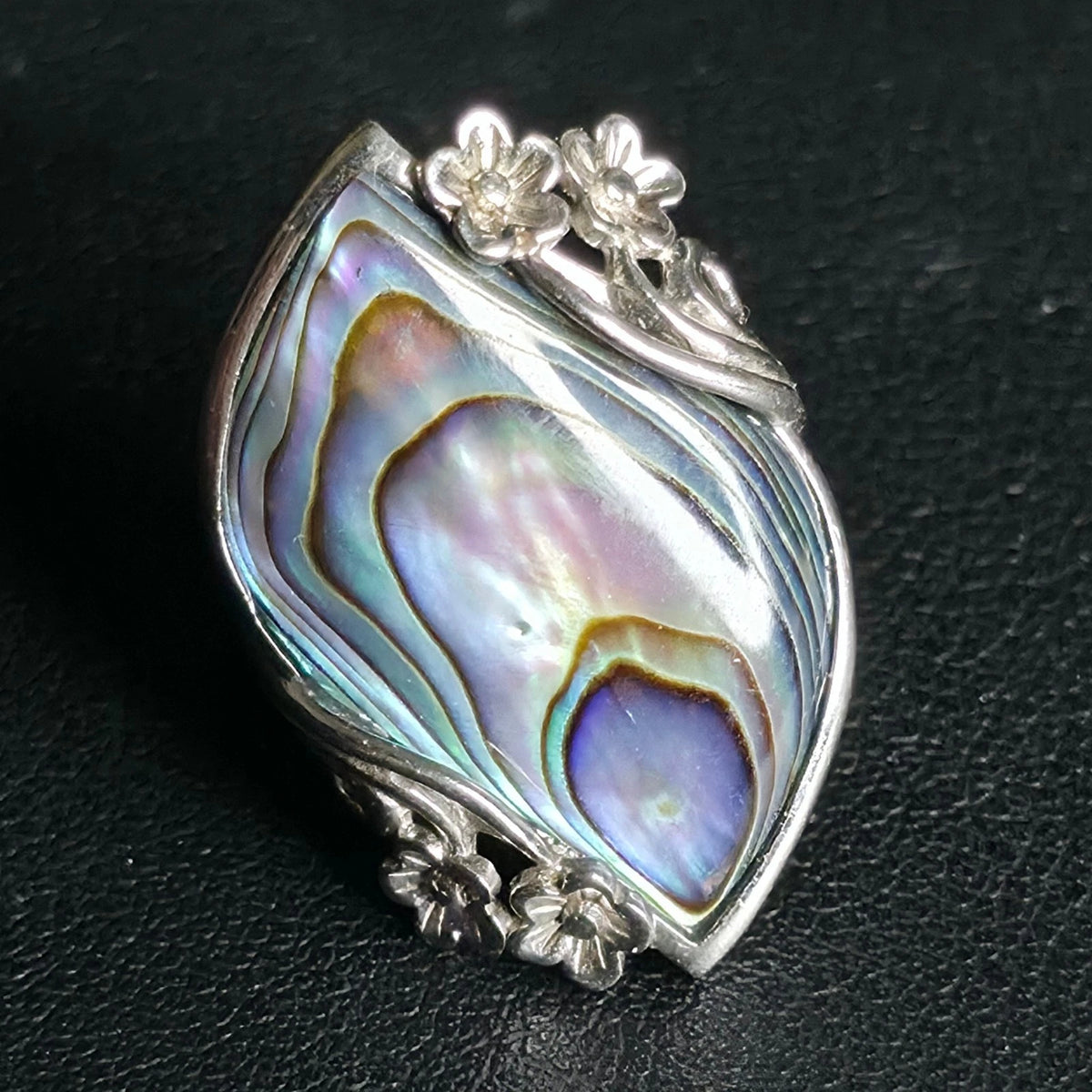 Sterling Silver Abalone Shell Ring Size 7 Rhodium Plated Flower Design BBJ 925
