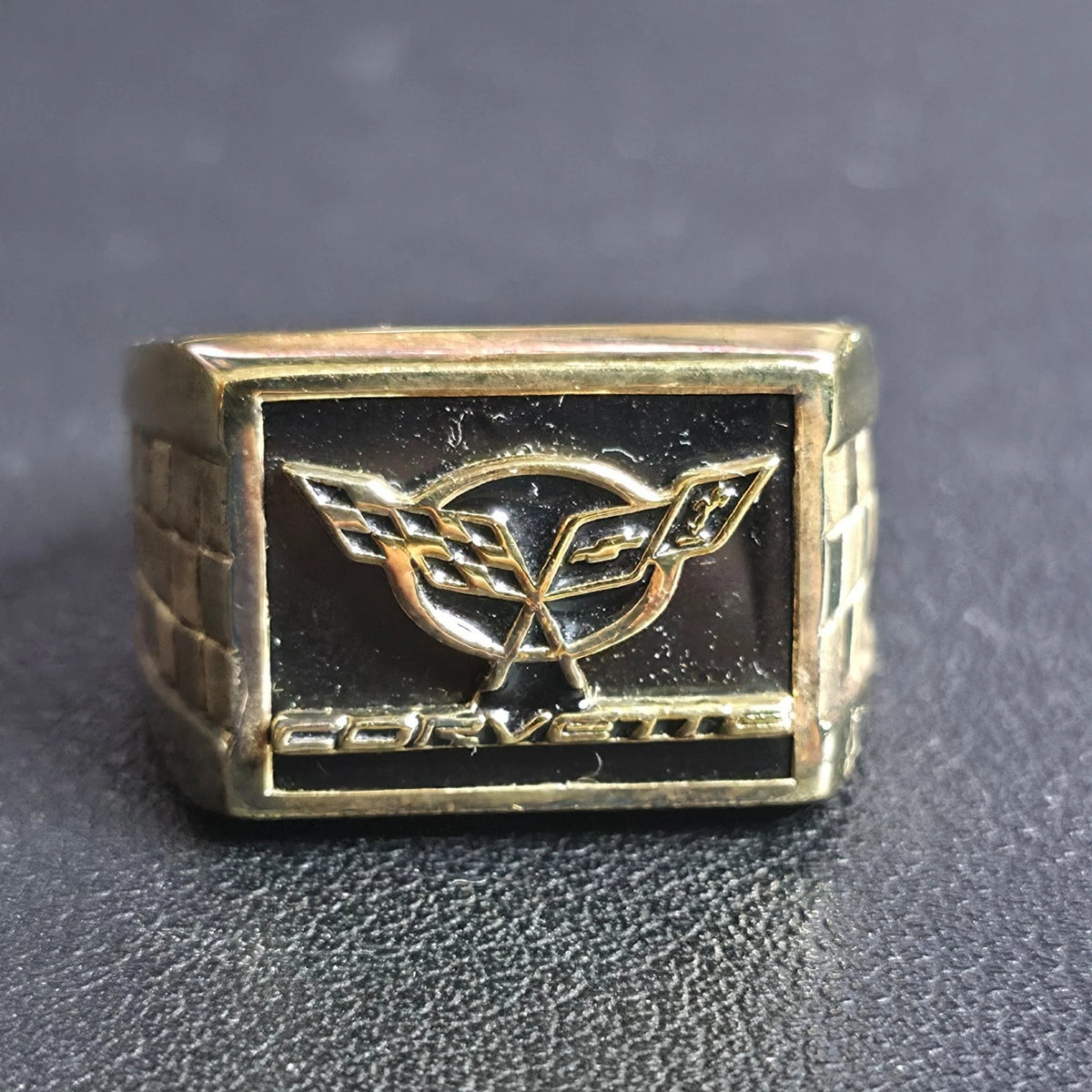 Sterling Silver Corvette Ring Size 10 Gold Tone Checkered Flag Signet