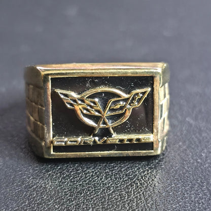 Sterling Silver Corvette Ring Size 10 Gold Tone Checkered Flag Signet