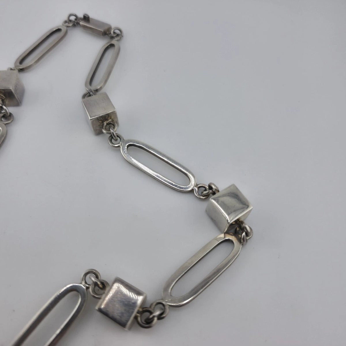 Vintage Sterling Silver 925 Mexico Geometric Cube Oval Link Necklace 80g 23"