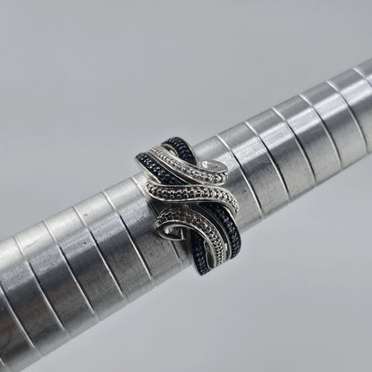 Sterling Silver Blue & Clear Stone Wave Ring Size 7 925 Statement Band