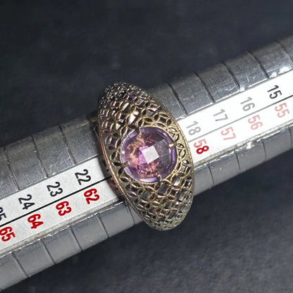 Sterling Silver Art Deco Filigree Dome Ring Purple-Pink Stone Sz 9