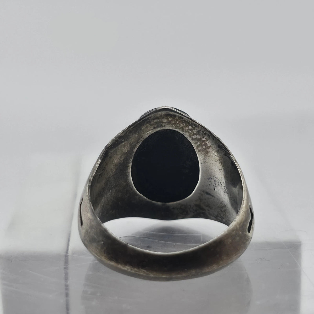 Vintage Sterling Silver Black Onyx Signet Ring Size 8 Inlay Sunburst Patina