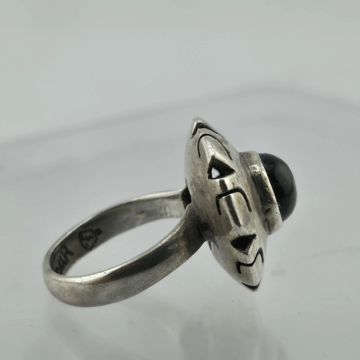 Vintage Mexico 925 Sterling Silver Black Onyx Sunburst Statement Ring Size 4.7