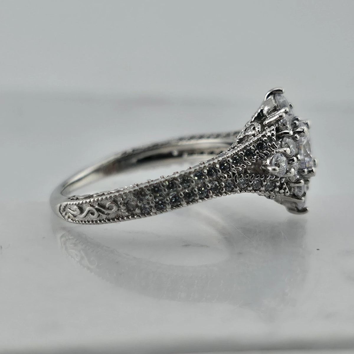 Sterling Silver CZ Halo Ring Size 6 Round Clear Stones Ornate Filigree Band