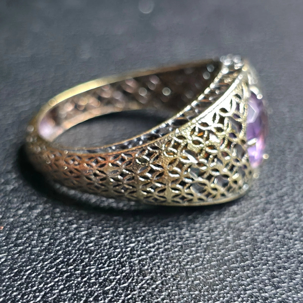 Sterling Silver Art Deco Filigree Dome Ring Purple-Pink Stone Sz 9