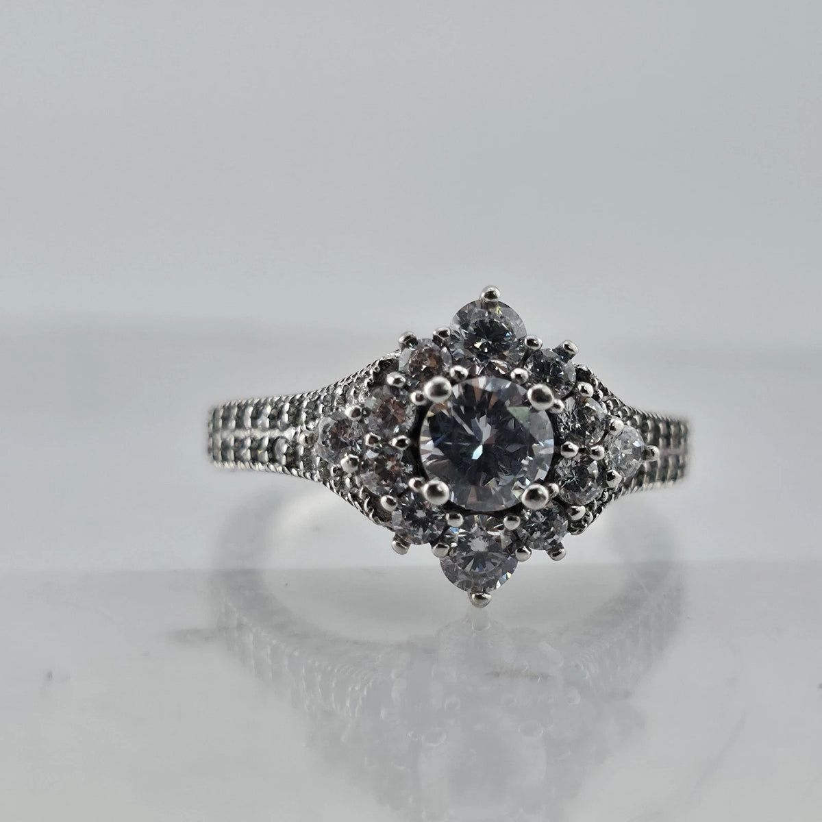 Sterling Silver CZ Halo Ring Size 6 Round Clear Stones Ornate Filigree Band
