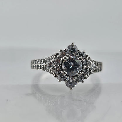Sterling Silver CZ Halo Ring Size 6 Round Clear Stones Ornate Filigree Band