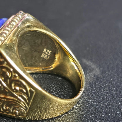 Gold Over Sterling Silver Lapis Lazuli Ring Size 8 Rectangle Ornate BBJ 925