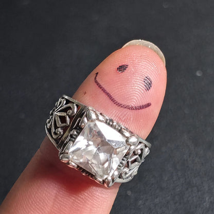 Sterling Silver 925 Filigree Square White Stone Ring Size 8.5