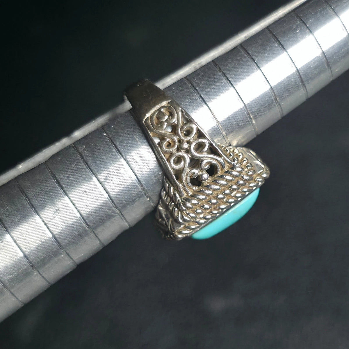 Vintage Sterling Silver Turquoise Ring Square Cabochon Rope Bezel Filigree Sz 6