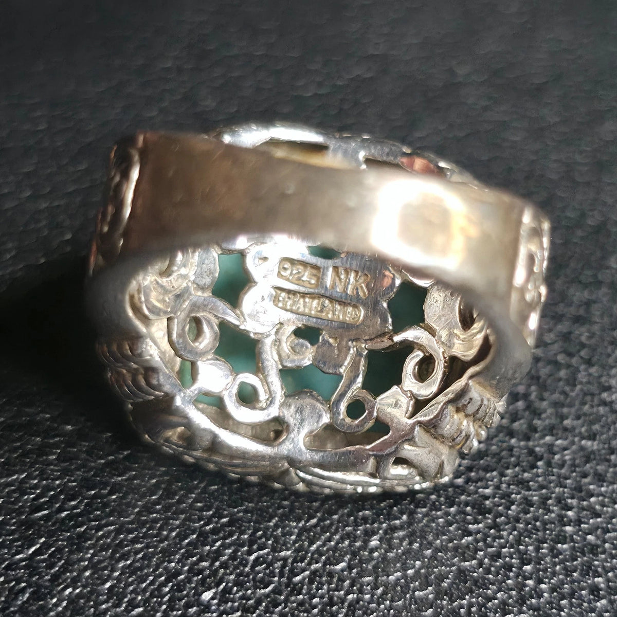 Vintage Sterling Silver Turquoise Ring Square Cabochon Rope Bezel Filigree Sz 6