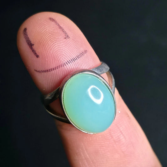 Sterling Silver Aqua Green Cabochon Ring Size 8 Oval Statement DR 925